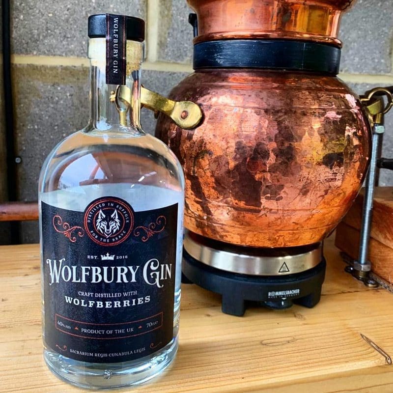 Wolfbury Gin bottle on display at Suffolk Distillery